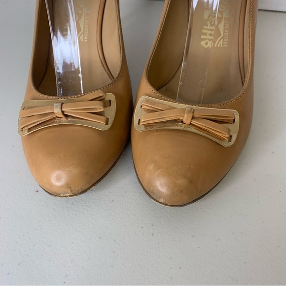 Salvatore Ferragamo Tan Brown Nude Bow Tie Front Party Pumps Heels Size 7 - Picture 4 of 16